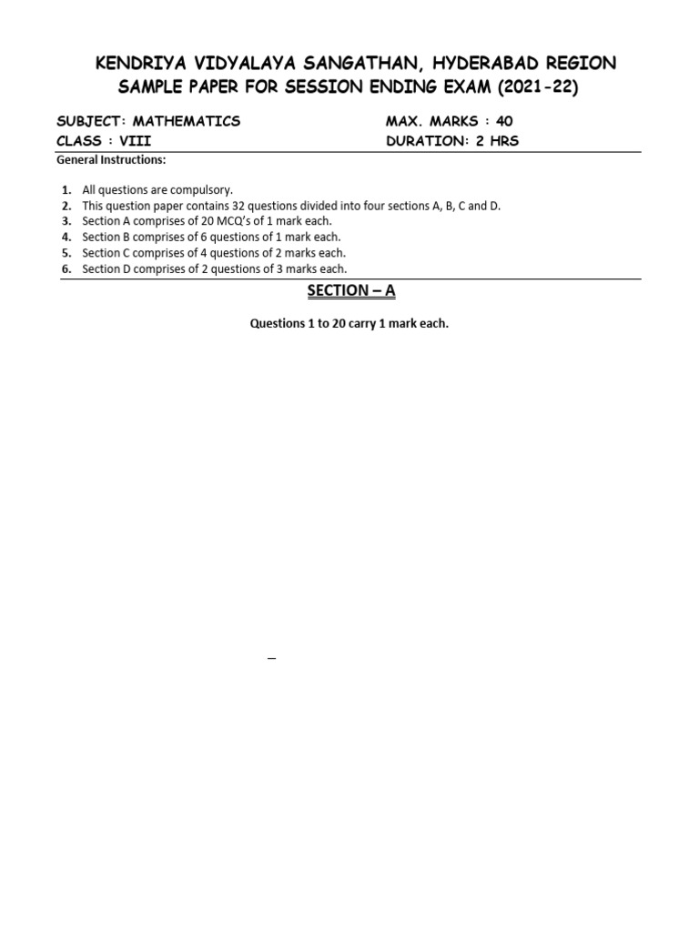 VIII Maths Sample papers | PDF | Area | Mathematics