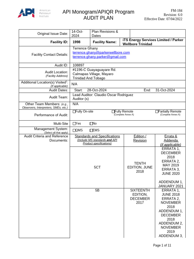 API Monogram Audit Plan 2024 | PDF | Audit | Calibration