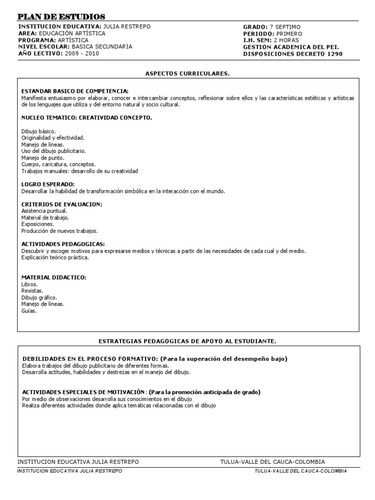 Plan de Estudios Artística 7° Grado | PDF | Dibujo | Educación Secundaria
