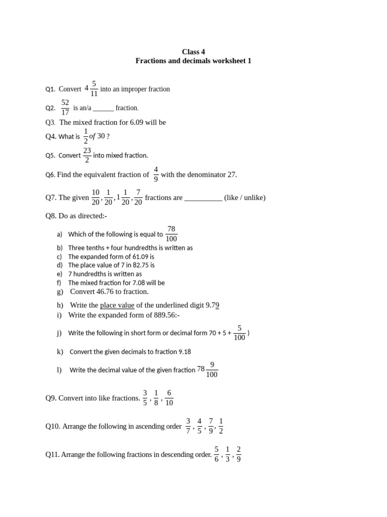 Class 4 Fractions and Decimals Worksheet | PDF | Elementary Mathematics ...