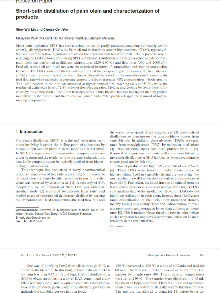 Short-Path Distillation of Palm Olein and Characterization Ofproducts | PDF