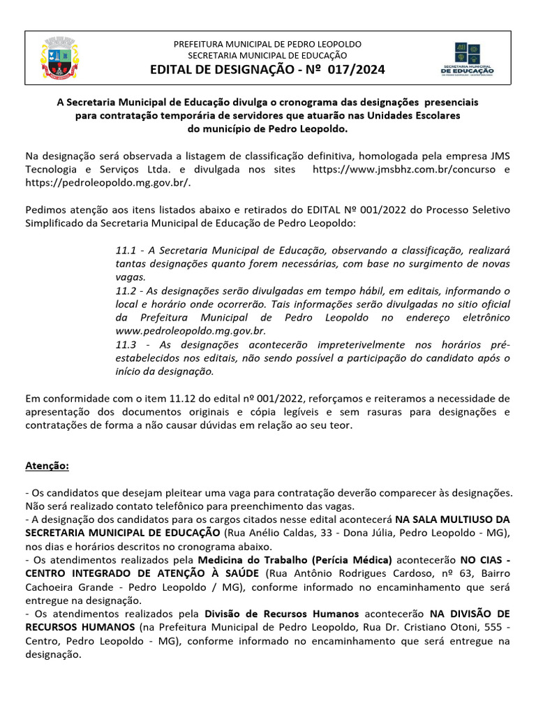 Edital de Designação 2024 - Pedro Leopoldo | PDF
