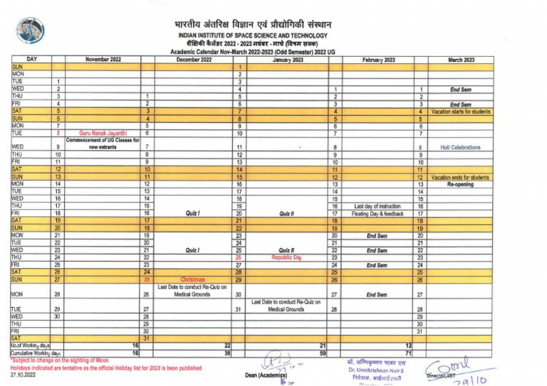 2022 UG Academic Calendar First Semester PDF