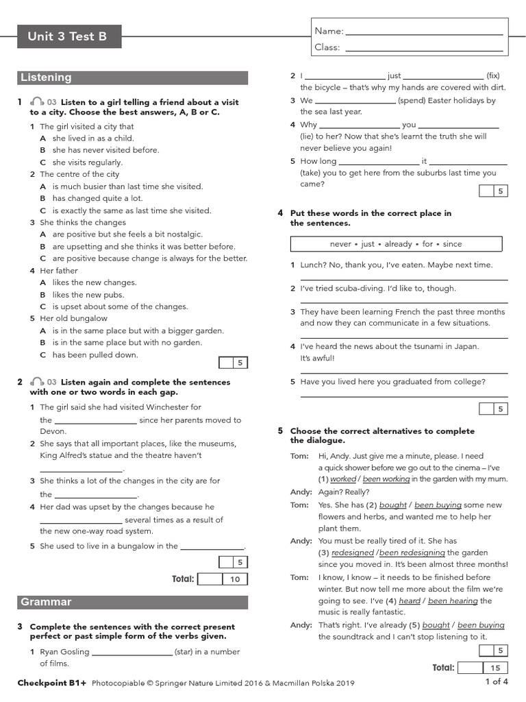 Unit 3 B1+ Test: Checkpoint B | PDF | Traffic | Bus