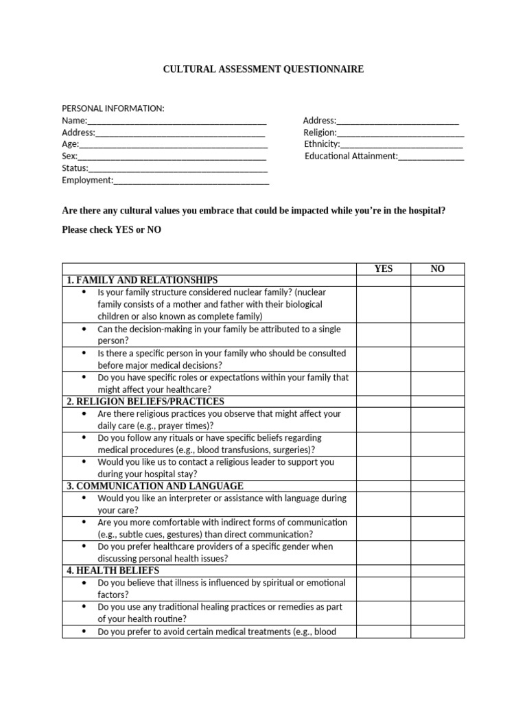 Cultural Assessment Questionnaire Template | PDF | Family | Prayer