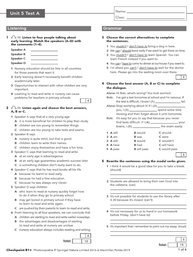 Checkpoint B1+ Unit 5 Test A | PDF | Essays | Human Communication