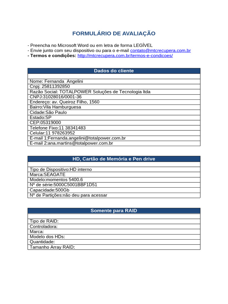 Formulário de Avaliação - MTC Recupera | PDF | Carreira e Crescimento