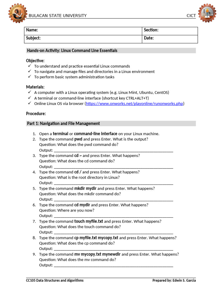 Hands On Activity 01 Linux Basic Commands 1 Pdf Command Line