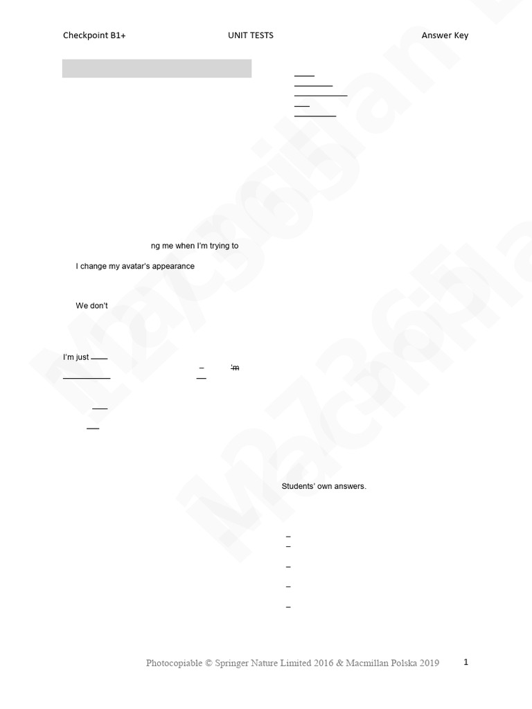 Checkpoint B1+ Unit Tests Answer Key | PDF