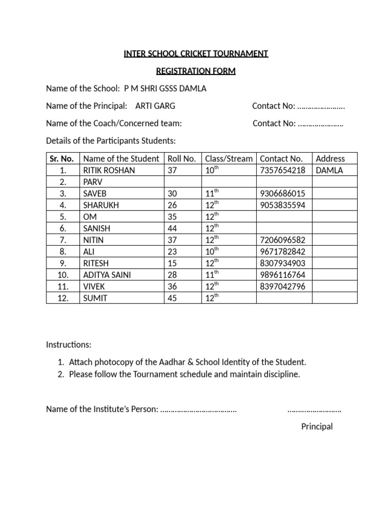 PM Shri GSSS Cricket Tournament Registration | PDF