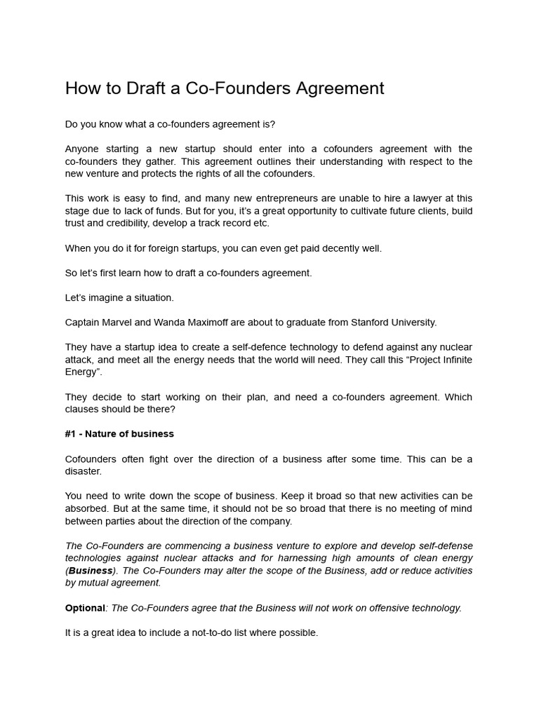 Drafting a Co-Founders Agreement Guide | PDF | Arbitration | Startup ...