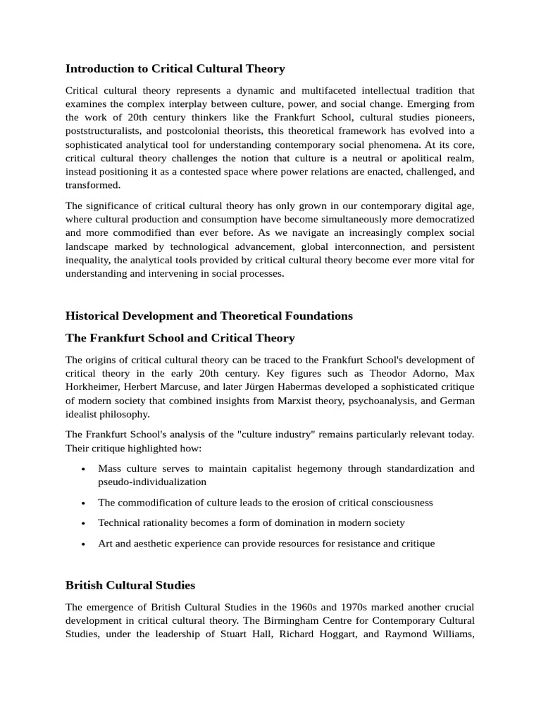 Introduction To Critical Cultural Theory | PDF | Frankfurt School ...