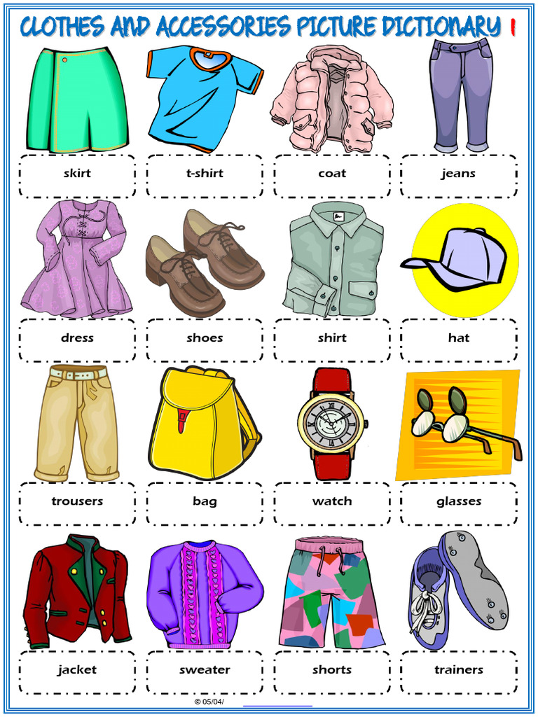 Clothes and Accessories Vocabulary Esl Picture Dictionary Worksheets