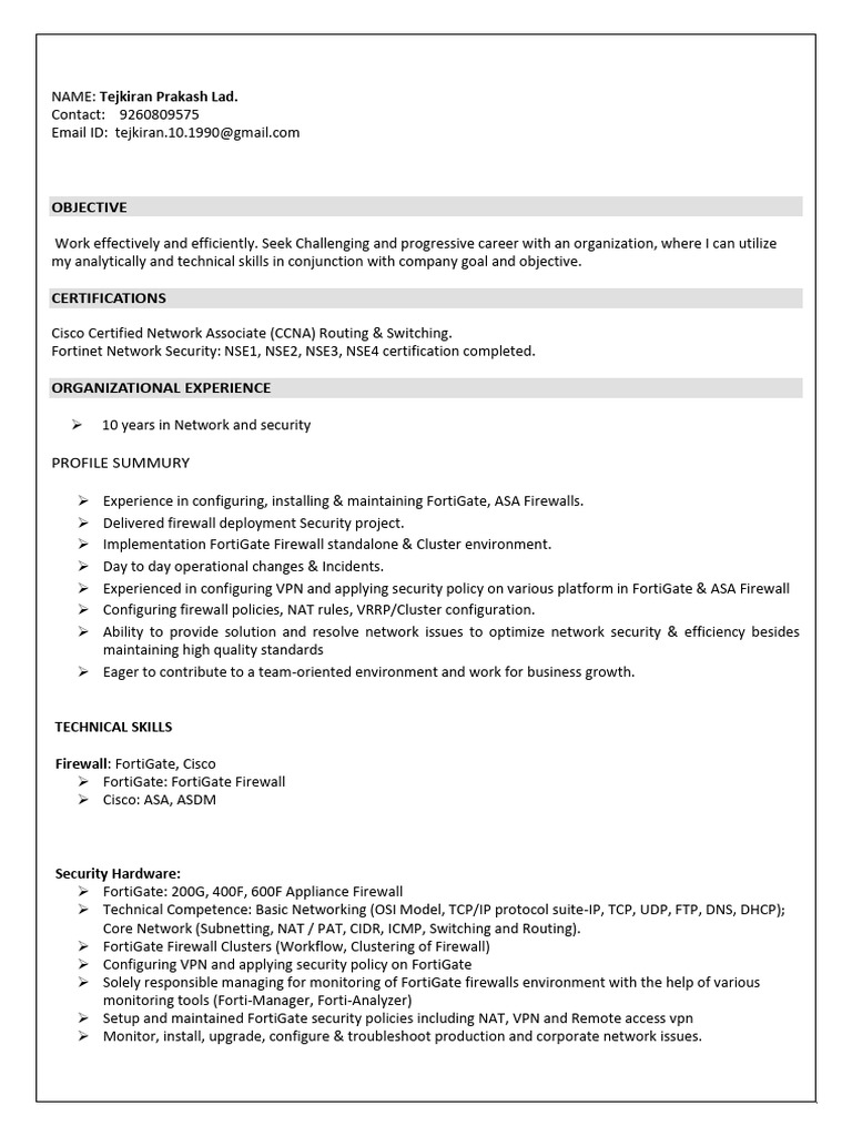 TejkiranPrakashLad Resume | PDF | Firewall (Computing) | Computer Network