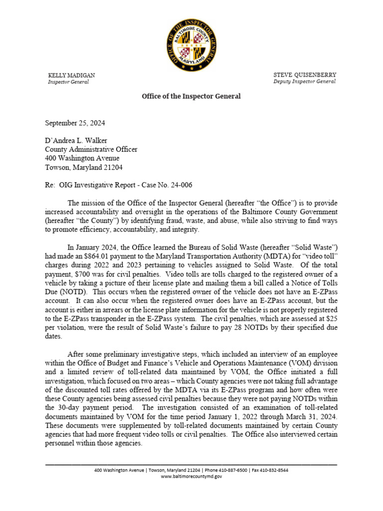 OIG Investigative Report 24-006 Final | PDF | Toll Road | Road ...