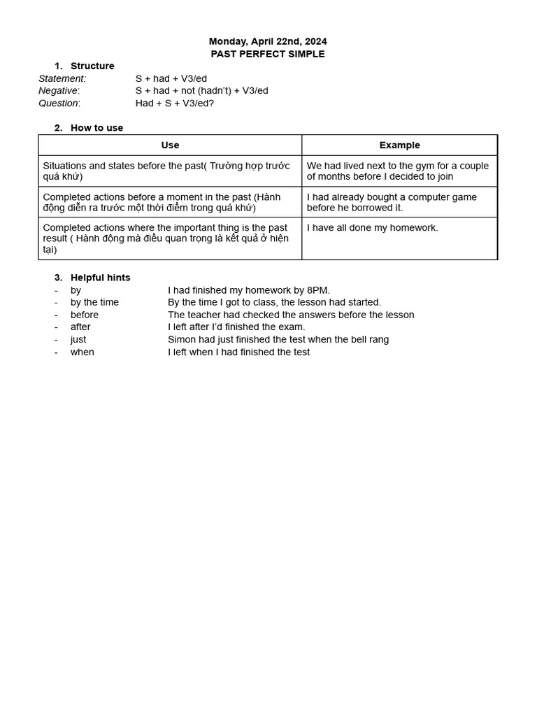 Statement negative monday april 22nd 2024 past perfect simple 1