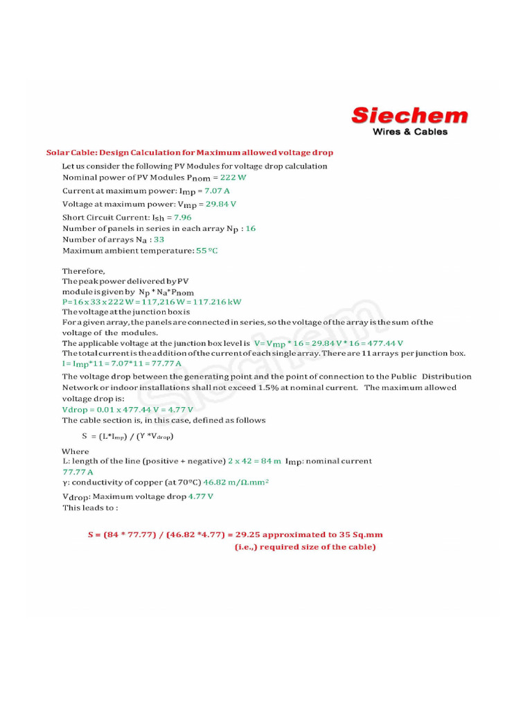 Voltage Drop in Solar Cables | PDF