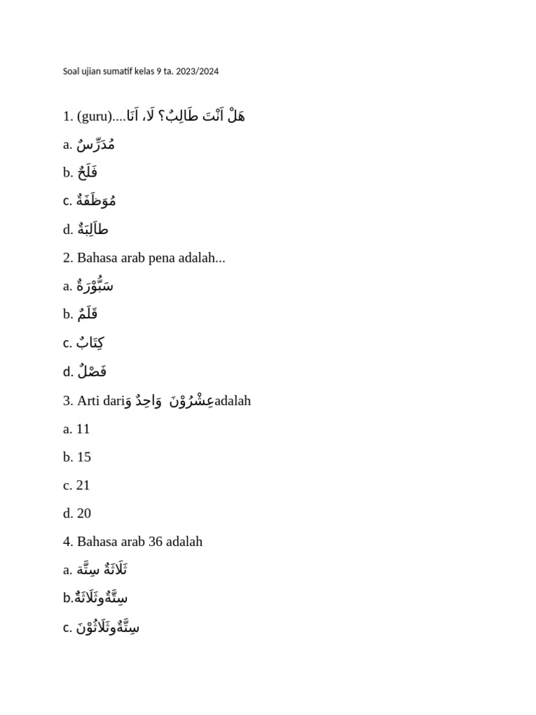 Soal Ujian Bahasa Arab Kelas 9 2024 | PDF | Seni & Disiplin Bahasa ...