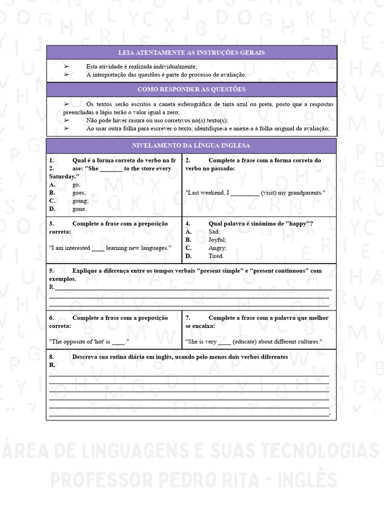 Instruções para Avaliação de Inglês | PDF | Artes Linguísticas e Disciplina