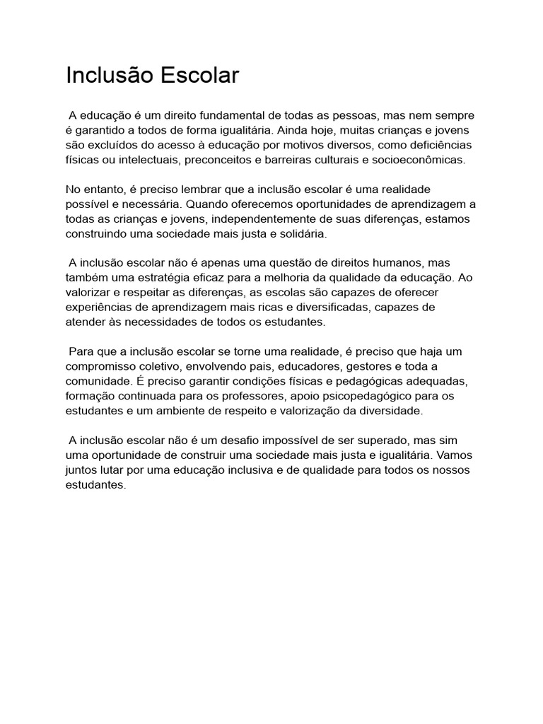 Inclusão Escolar: Direito e Necessidade | PDF