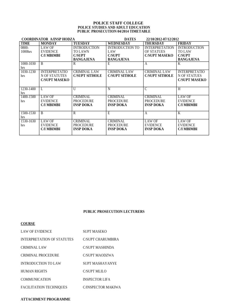 Course Time Table Pdf