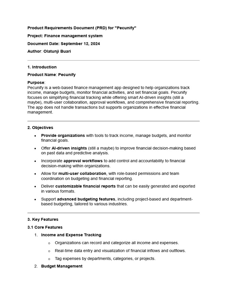 Product Requirements Document, Fin Management System | PDF | Budget ...