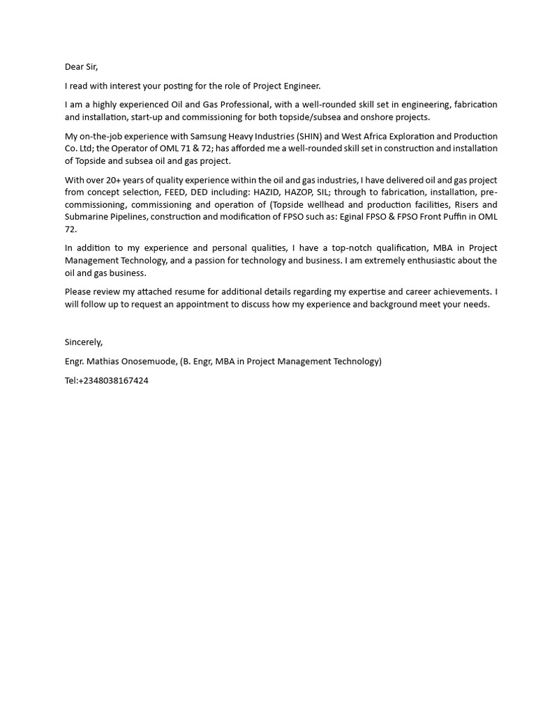 Cover Letter-Project Engineer | PDF | Business | Computers