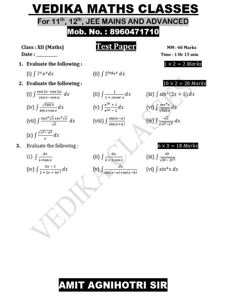 Class XII Maths Test Paper for JEE | PDF | Teaching Methods & Materials ...