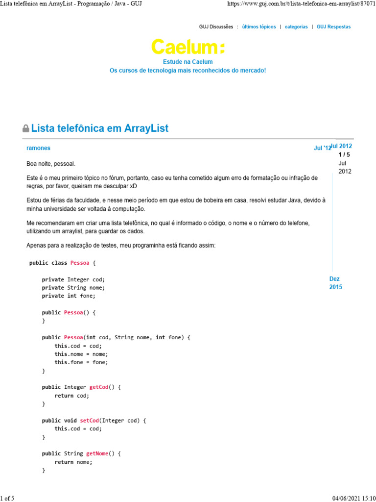 Lista Telefônica em Java com ArrayList | PDF | Java (linguagem de ...