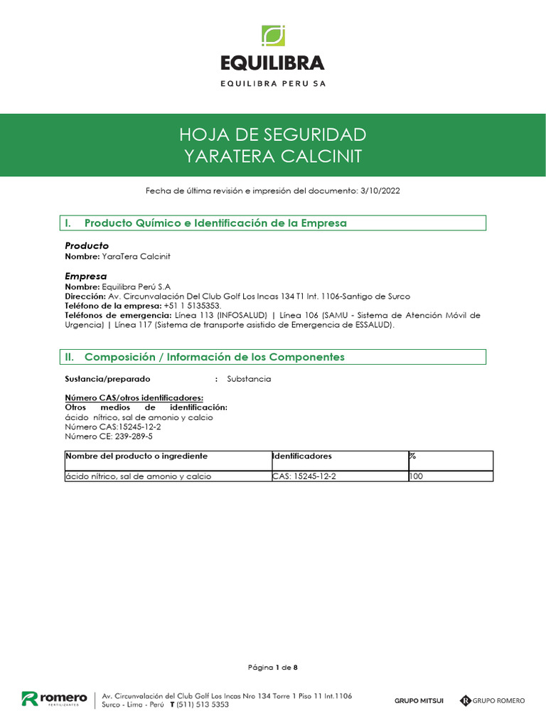 Hoja de Seguridad YaraTera Calcinit | PDF | Residuos | Reciclaje