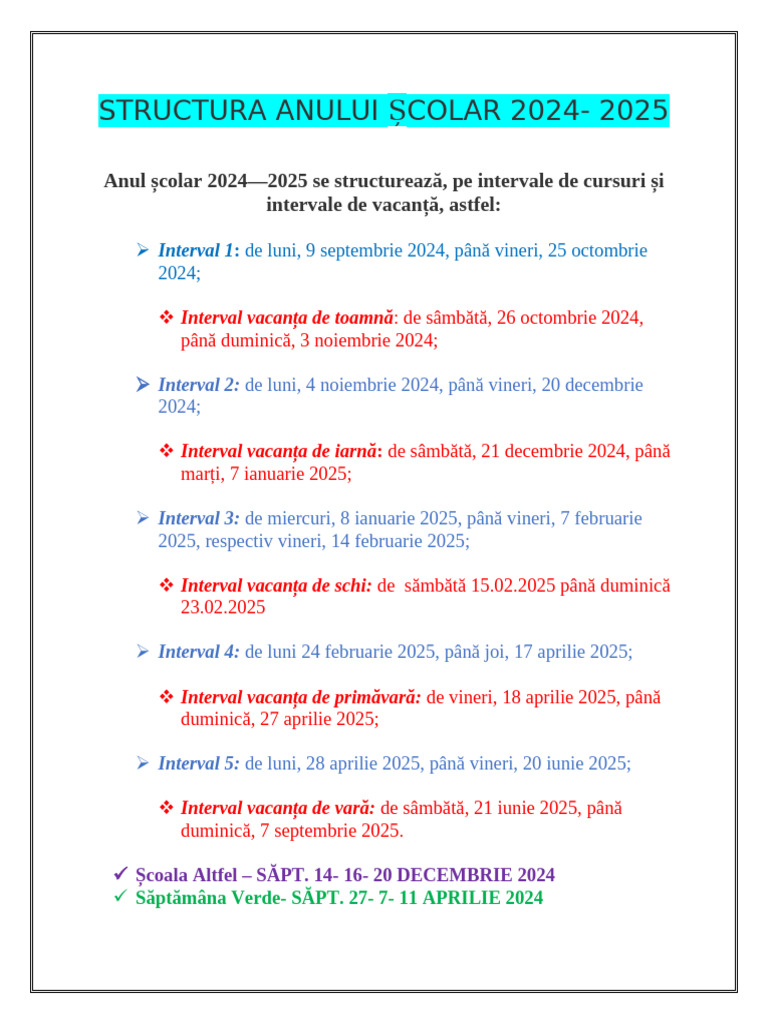 Structura Anului Școlar 2024 - 2025 - Site | PDF