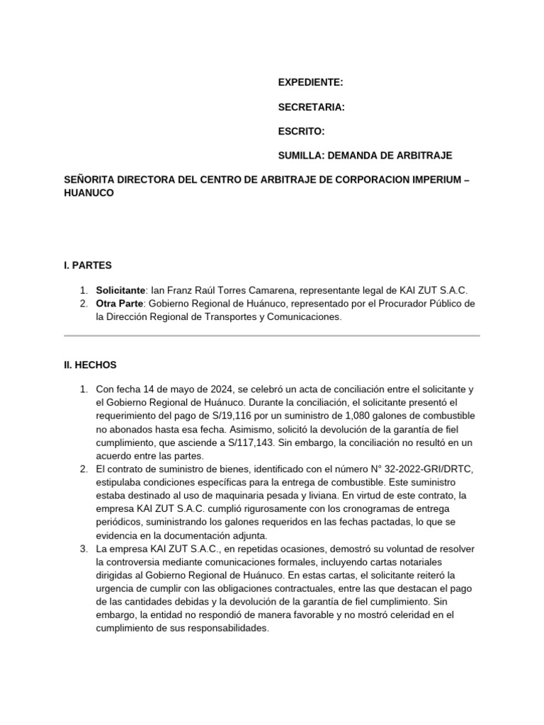 Demanda de Arbitraje KAI ZUT S.A.C. | PDF | Caso de ley | Arbitraje