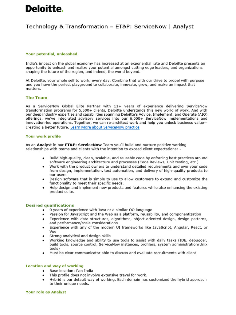 Profile 4 - Deloitte India - ET&P - ServiceNow - Analyst | PDF | Empathy