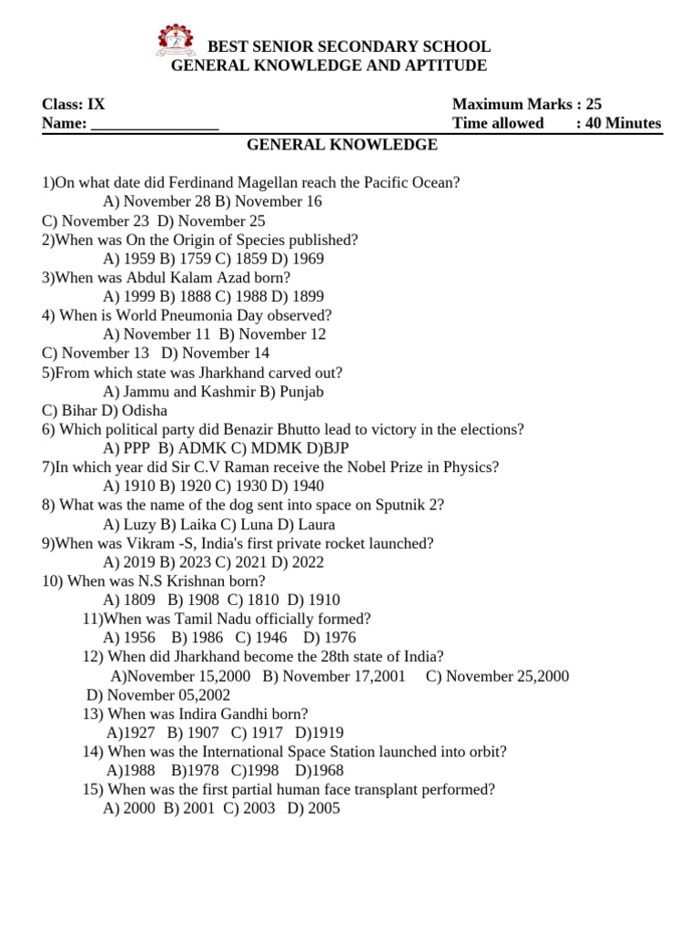GK Class Ix Nov Month | PDF