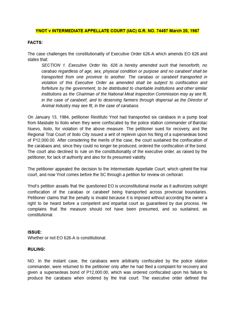 M. Ynot vs. IAC, 148 SCRA 659 | PDF | Appeal | Due Process
