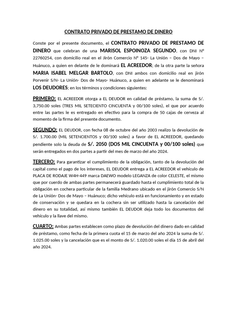 Contrato Privado de Prestamo de Dinero | PDF | Derecho | Hogar y jardín