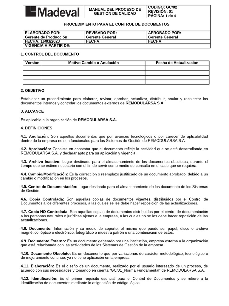 Control De Documentos Gc 02 Pdf Sistema De Manejo De Calidad