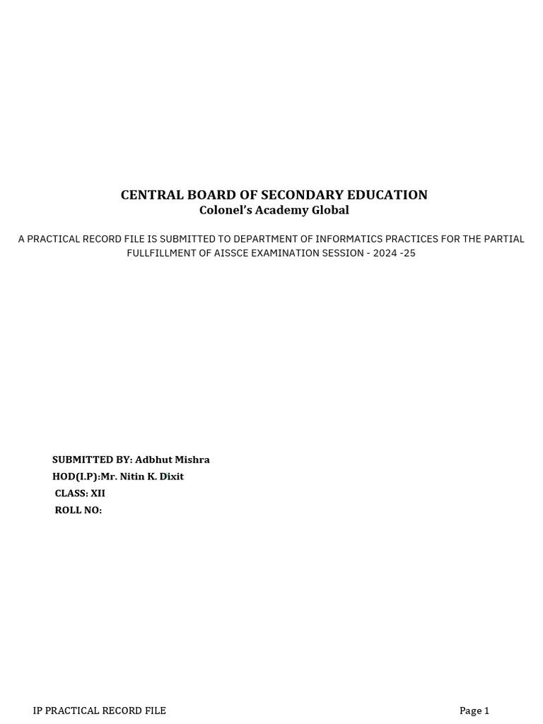 Class XII IP Practical Record File | PDF | Computing
