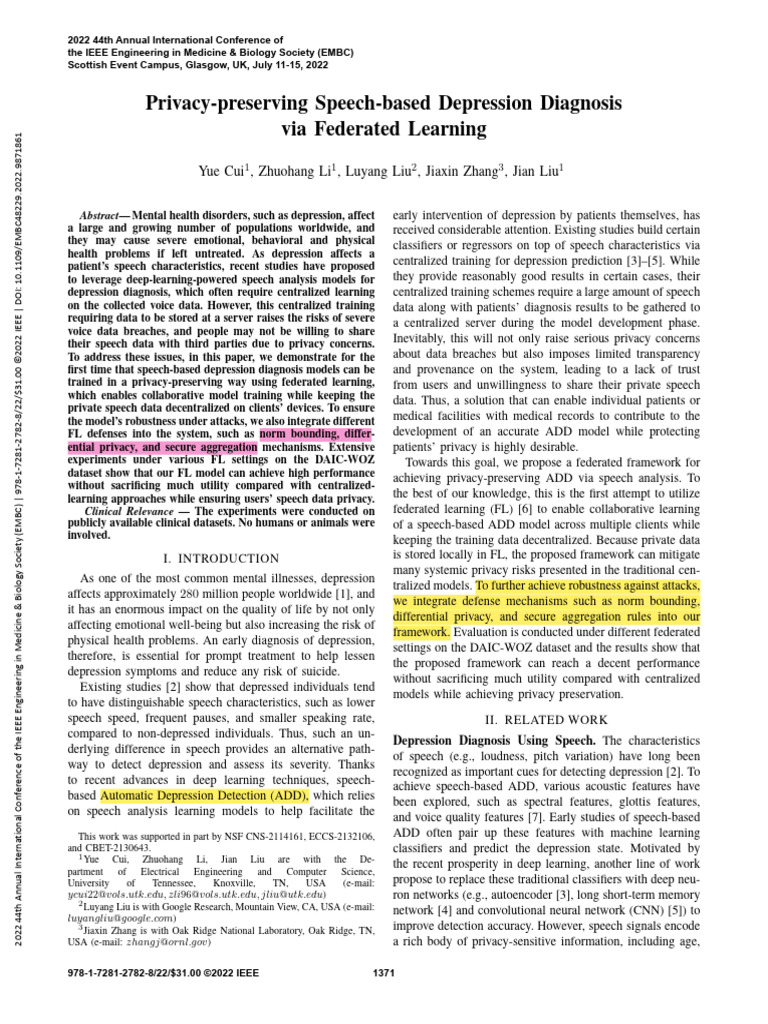 Federated Learning for Speech Depression Diagnosis | PDF | Receiver ...