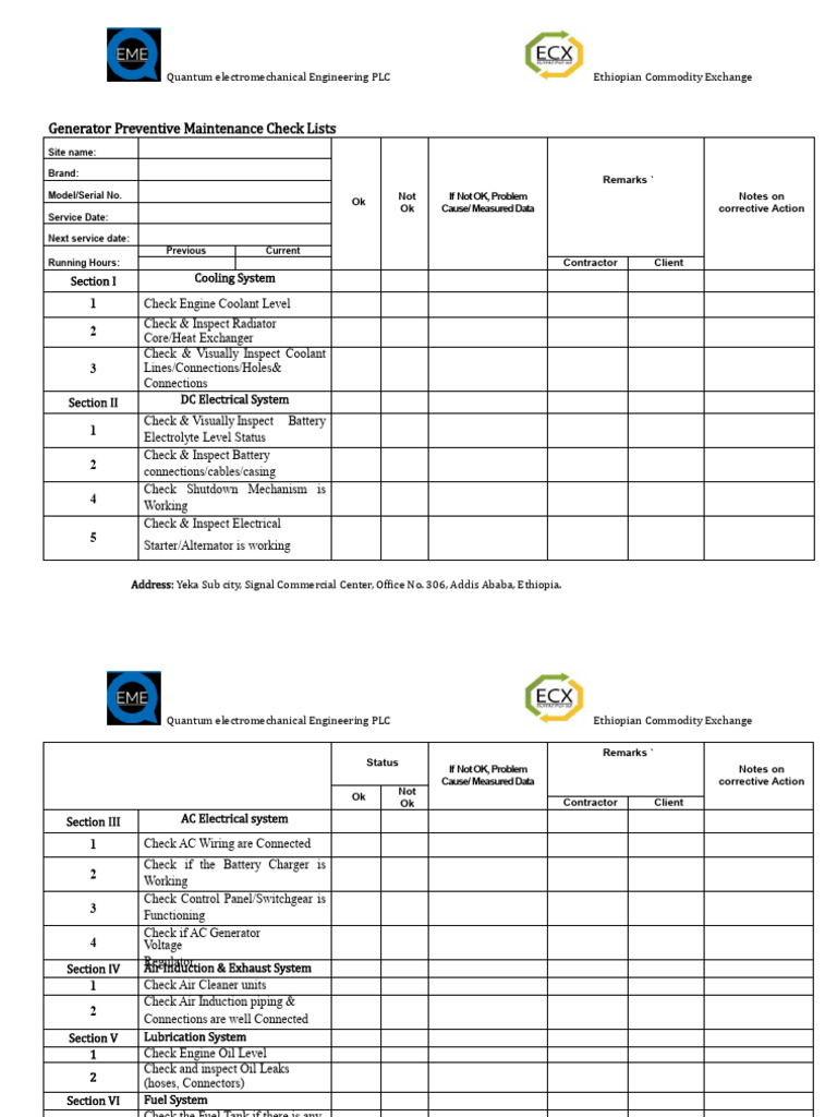 Generator Preventive Maintenance Check Lists | PDF | Alternating ...