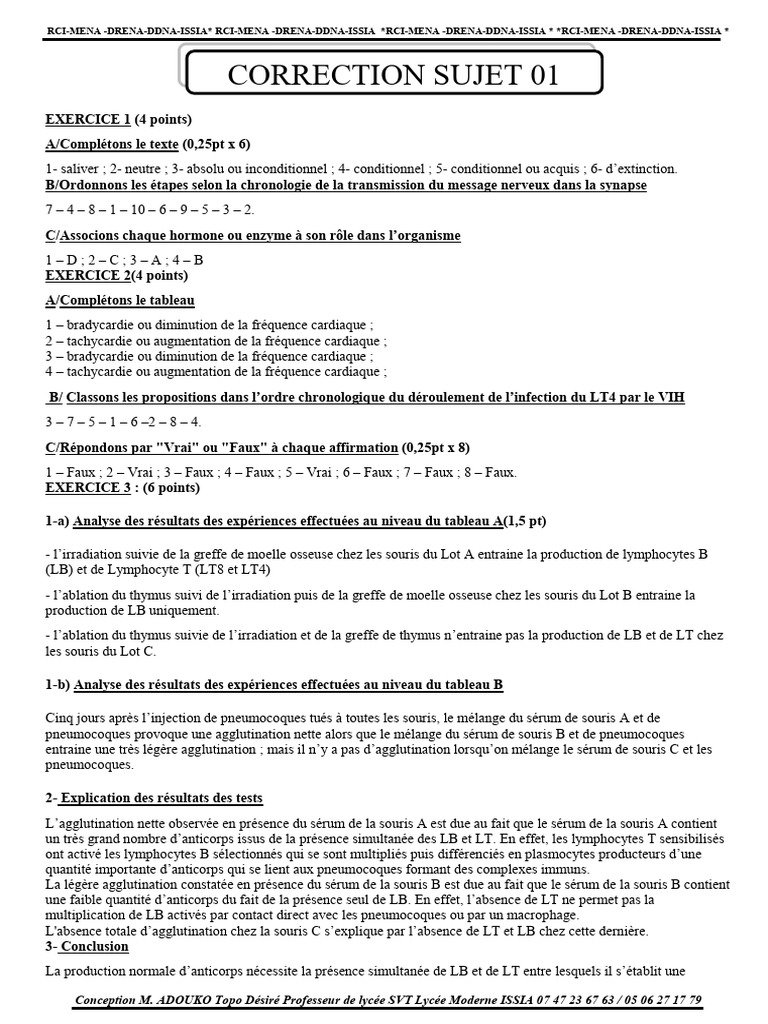 Exercices de SVT sur la transmission nerveuse | PDF | Système ...