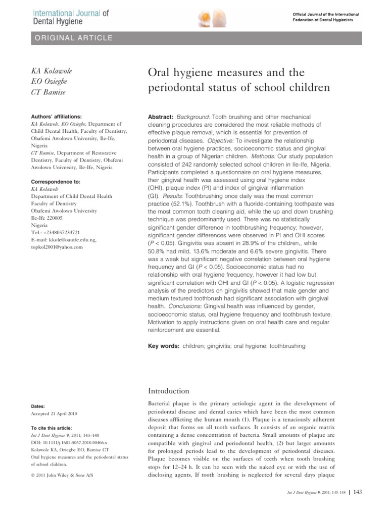 Oral Hygiene Measures and The Periodontal Status of School Children ...