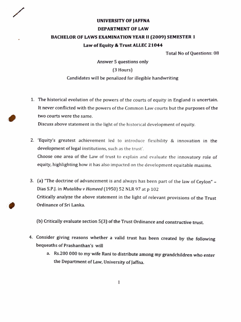 Law of Equity & Trust Exam 2009 | PDF | Common Law | Legal Documents