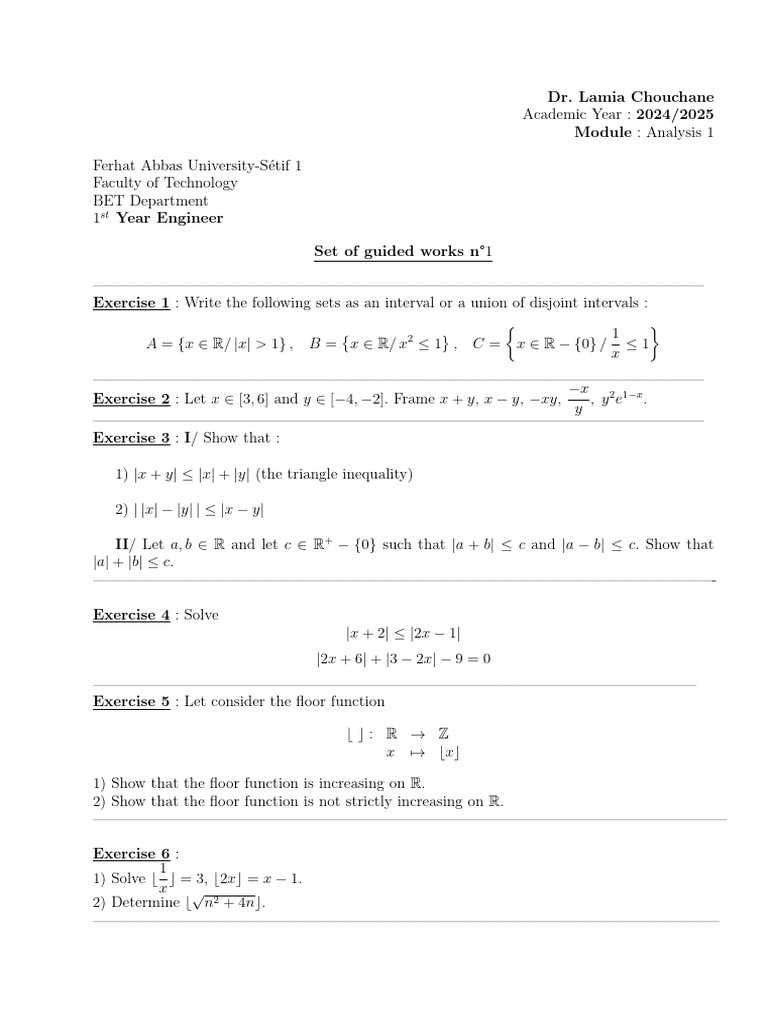 Analysis 1 Exercises for Engineering Students | PDF | Arithmetic ...