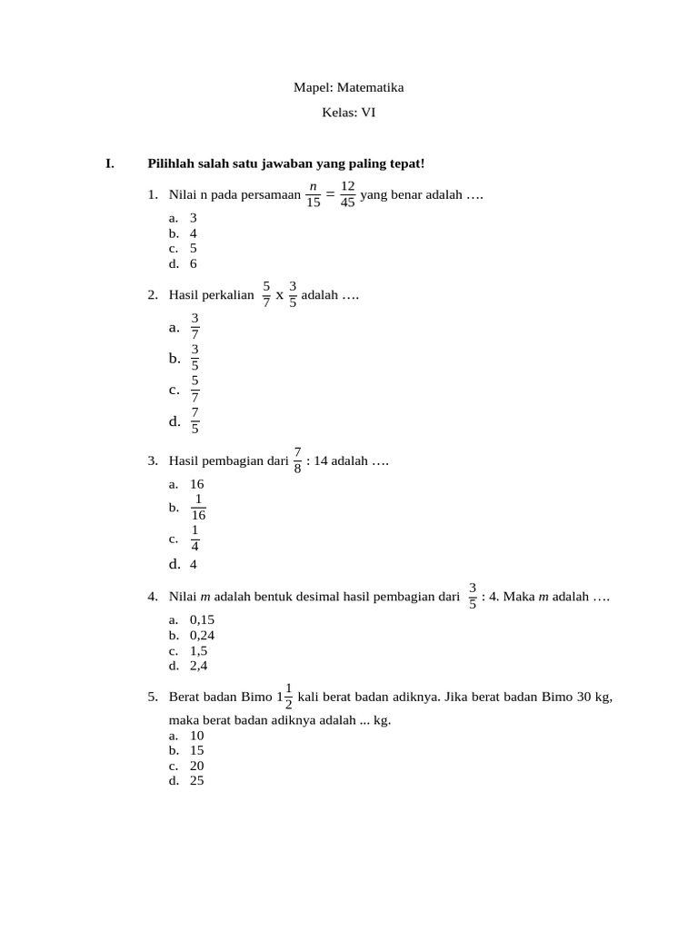 Soal Matematika Kelas VI: Pecahan dan Desimal | PDF
