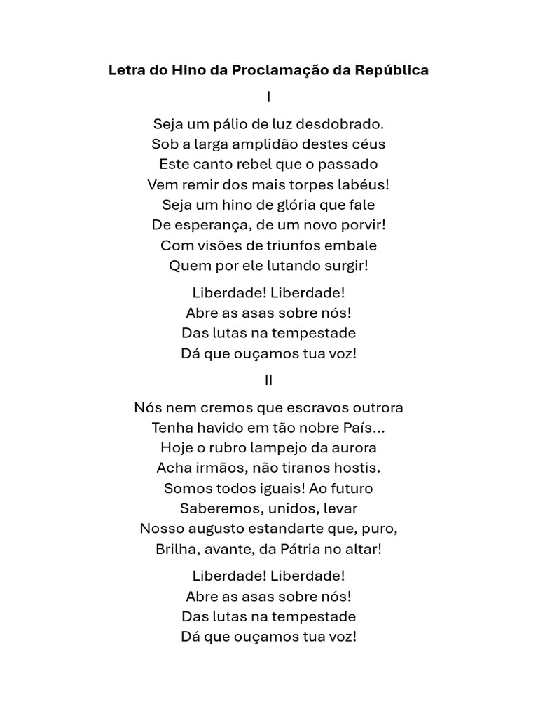 Letra do Hino da Proclamação da República | PDF | Religião e ...