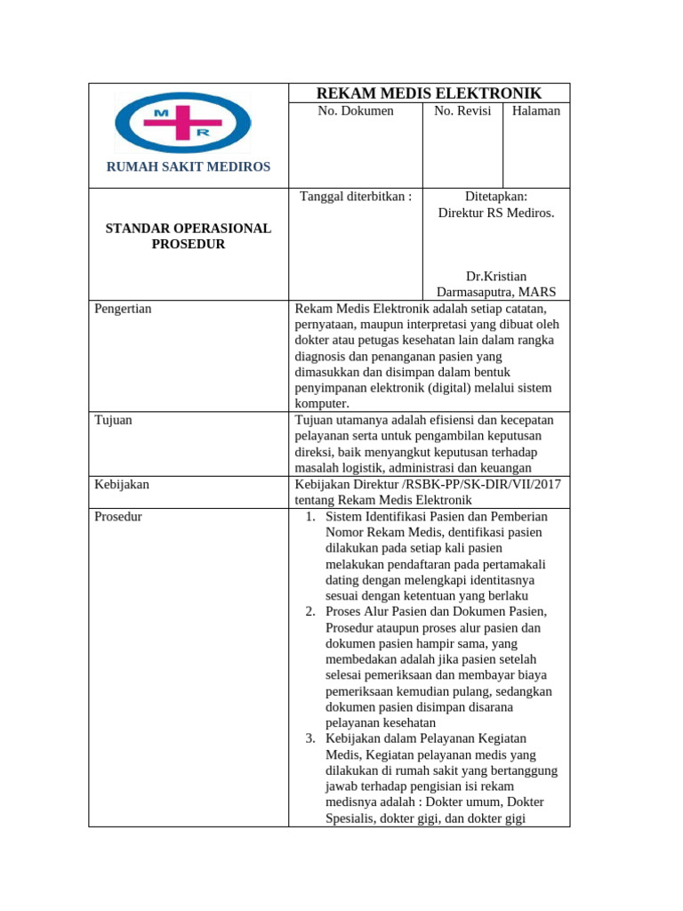 Prosedur Rekam Medis Elektronik RS Mediros | PDF | Sains & Matematika