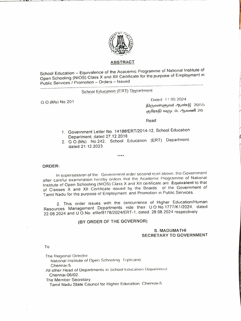 NIOS Certificate Equivalency Order in TN | PDF
