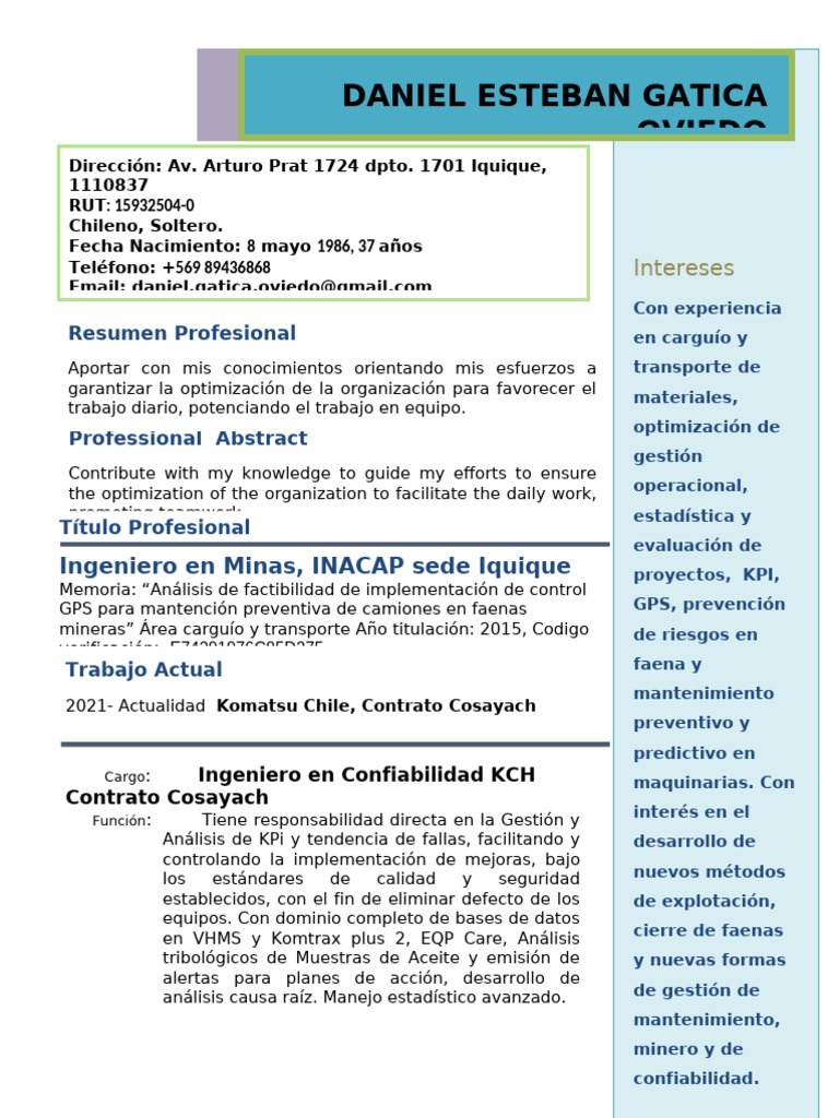 CV Daniel Gatica Oviedo 2024 1.0 | PDF | Minería | Ingeniería de ...