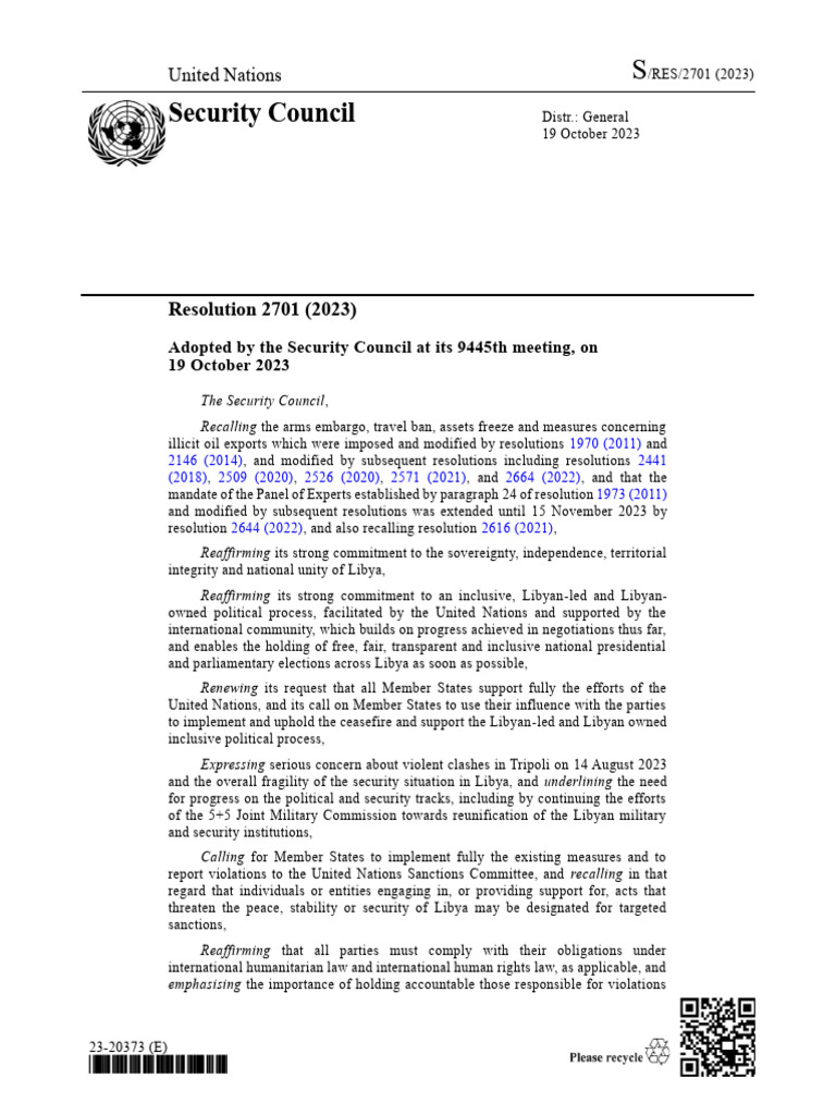 SC Resolution 2701 - 2023 English | PDF | Libya | Petroleum